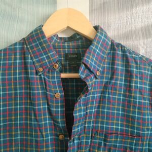 J.Crew Mens Slim Fit Plaid Button Down Long Sleeve Shirt Teal Blue Red Yellow S